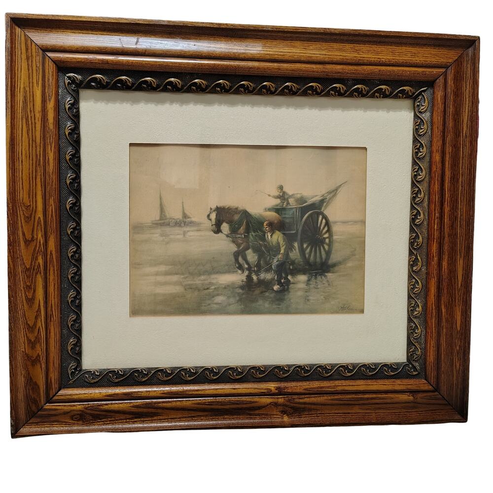 Vintage Sepia Horse Carriage Art Rustic Farmhouse Tattered Elegance Wood Frame